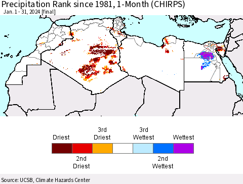 North Africa Precipitation Rank since 1981, 1-Month (CHIRPS) Thematic Map For 1/1/2024 - 1/31/2024