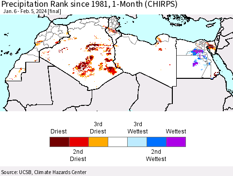 North Africa Precipitation Rank since 1981, 1-Month (CHIRPS) Thematic Map For 1/6/2024 - 2/5/2024