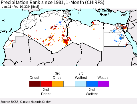 North Africa Precipitation Rank since 1981, 1-Month (CHIRPS) Thematic Map For 1/11/2024 - 2/10/2024