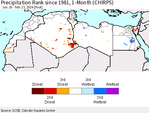 North Africa Precipitation Rank since 1981, 1-Month (CHIRPS) Thematic Map For 1/16/2024 - 2/15/2024