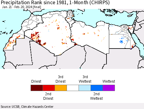 North Africa Precipitation Rank since 1981, 1-Month (CHIRPS) Thematic Map For 1/21/2024 - 2/20/2024