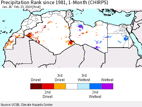 North Africa Precipitation Rank since 1981, 1-Month (CHIRPS) Thematic Map For 1/26/2024 - 2/25/2024