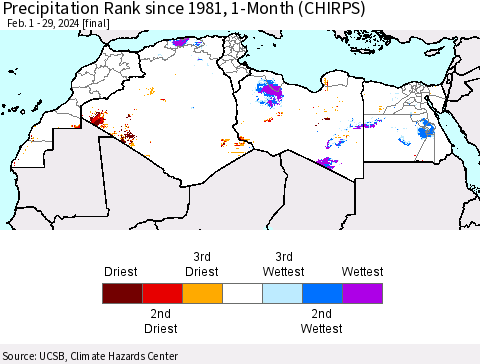 North Africa Precipitation Rank since 1981, 1-Month (CHIRPS) Thematic Map For 2/1/2024 - 2/29/2024