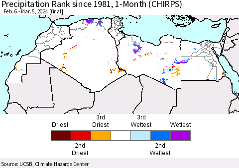 North Africa Precipitation Rank since 1981, 1-Month (CHIRPS) Thematic Map For 2/6/2024 - 3/5/2024