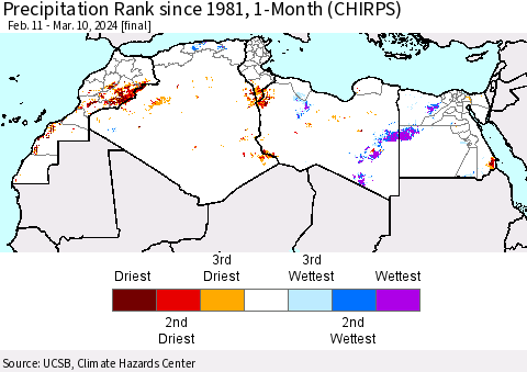 North Africa Precipitation Rank since 1981, 1-Month (CHIRPS) Thematic Map For 2/11/2024 - 3/10/2024