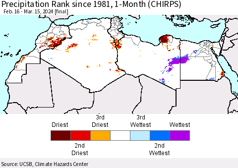 North Africa Precipitation Rank since 1981, 1-Month (CHIRPS) Thematic Map For 2/16/2024 - 3/15/2024