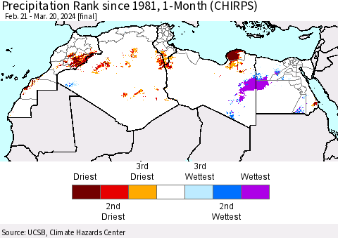 North Africa Precipitation Rank since 1981, 1-Month (CHIRPS) Thematic Map For 2/21/2024 - 3/20/2024