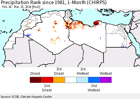 North Africa Precipitation Rank since 1981, 1-Month (CHIRPS) Thematic Map For 2/26/2024 - 3/25/2024