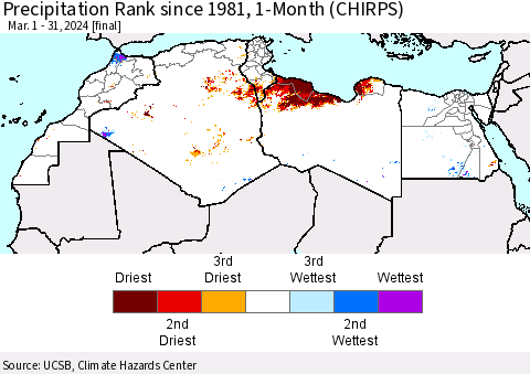 North Africa Precipitation Rank since 1981, 1-Month (CHIRPS) Thematic Map For 3/1/2024 - 3/31/2024