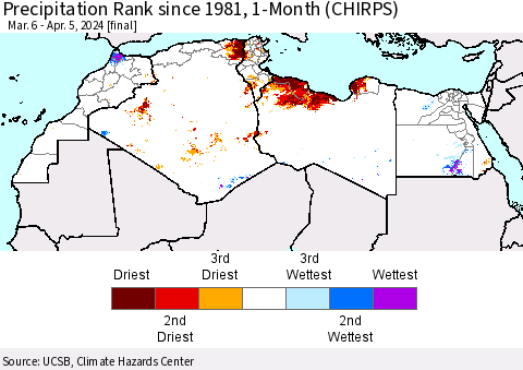 North Africa Precipitation Rank since 1981, 1-Month (CHIRPS) Thematic Map For 3/6/2024 - 4/5/2024