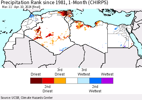 North Africa Precipitation Rank since 1981, 1-Month (CHIRPS) Thematic Map For 3/11/2024 - 4/10/2024