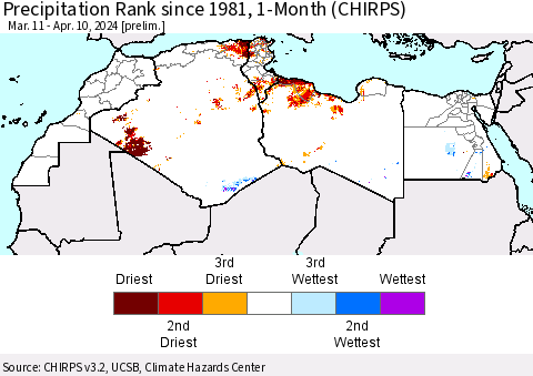 North Africa Precipitation Rank since 1981, 1-Month (CHIRPS) Thematic Map For 3/11/2024 - 4/10/2024
