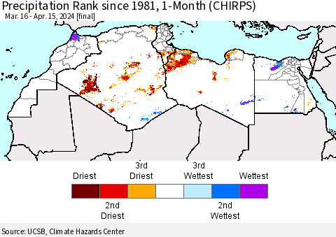 North Africa Precipitation Rank since 1981, 1-Month (CHIRPS) Thematic Map For 3/16/2024 - 4/15/2024