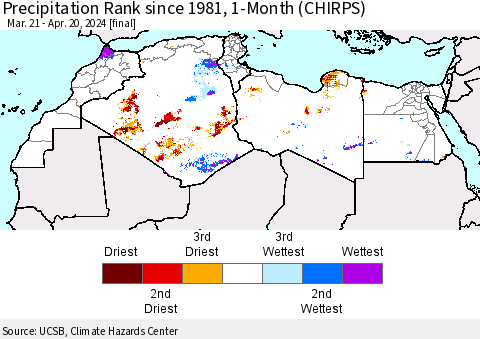 North Africa Precipitation Rank since 1981, 1-Month (CHIRPS) Thematic Map For 3/21/2024 - 4/20/2024