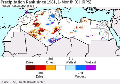 North Africa Precipitation Rank since 1981, 1-Month (CHIRPS) Thematic Map For 3/26/2024 - 4/25/2024
