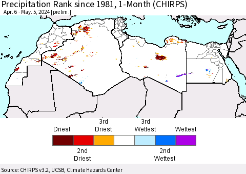 North Africa Precipitation Rank since 1981, 1-Month (CHIRPS) Thematic Map For 4/6/2024 - 5/5/2024