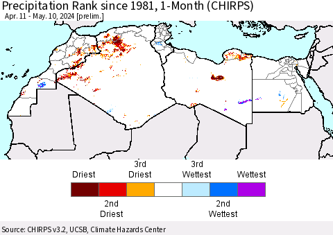 North Africa Precipitation Rank since 1981, 1-Month (CHIRPS) Thematic Map For 4/11/2024 - 5/10/2024