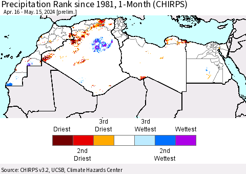 North Africa Precipitation Rank since 1981, 1-Month (CHIRPS) Thematic Map For 4/16/2024 - 5/15/2024
