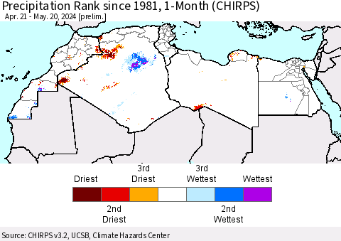 North Africa Precipitation Rank since 1981, 1-Month (CHIRPS) Thematic Map For 4/21/2024 - 5/20/2024