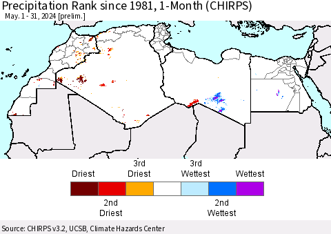 North Africa Precipitation Rank since 1981, 1-Month (CHIRPS) Thematic Map For 5/1/2024 - 5/31/2024