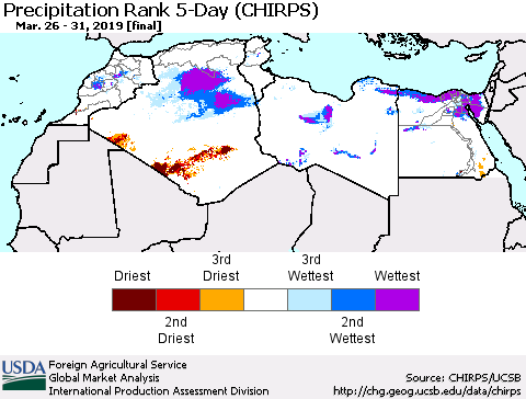 North Africa Precipitation Rank since 1981, 5-Day (CHIRPS) Thematic Map For 3/26/2019 - 3/31/2019