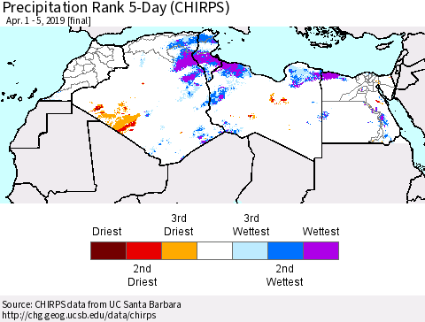 North Africa Precipitation Rank since 1981, 5-Day (CHIRPS) Thematic Map For 4/1/2019 - 4/5/2019