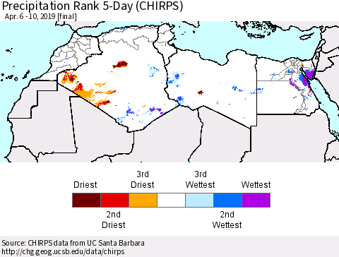 North Africa Precipitation Rank since 1981, 5-Day (CHIRPS) Thematic Map For 4/6/2019 - 4/10/2019