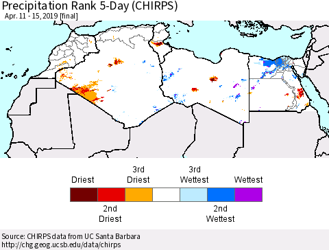 North Africa Precipitation Rank since 1981, 5-Day (CHIRPS) Thematic Map For 4/11/2019 - 4/15/2019
