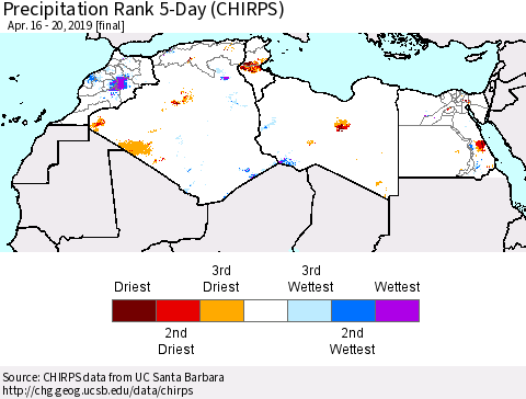 North Africa Precipitation Rank since 1981, 5-Day (CHIRPS) Thematic Map For 4/16/2019 - 4/20/2019