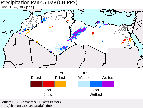 North Africa Precipitation Rank since 1981, 5-Day (CHIRPS) Thematic Map For 4/21/2019 - 4/25/2019