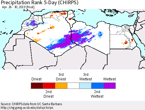 North Africa Precipitation Rank since 1981, 5-Day (CHIRPS) Thematic Map For 4/26/2019 - 4/30/2019