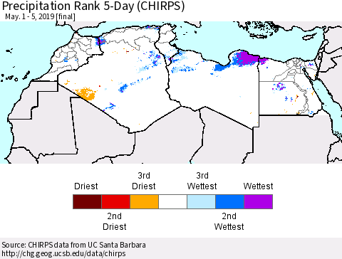 North Africa Precipitation Rank since 1981, 5-Day (CHIRPS) Thematic Map For 5/1/2019 - 5/5/2019