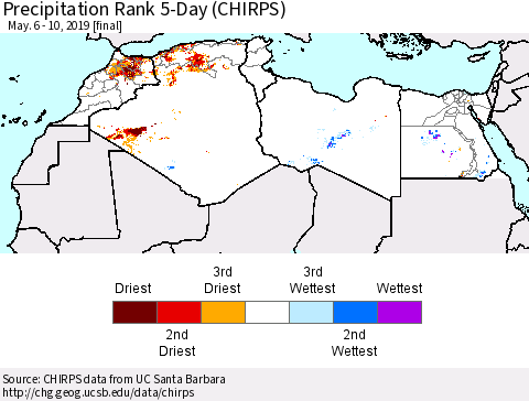North Africa Precipitation Rank since 1981, 5-Day (CHIRPS) Thematic Map For 5/6/2019 - 5/10/2019