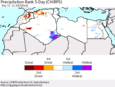 North Africa Precipitation Rank since 1981, 5-Day (CHIRPS) Thematic Map For 5/11/2019 - 5/15/2019