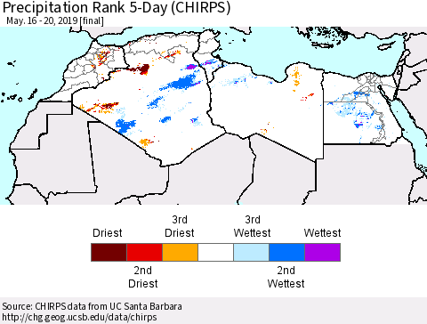 North Africa Precipitation Rank since 1981, 5-Day (CHIRPS) Thematic Map For 5/16/2019 - 5/20/2019