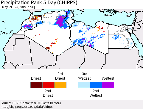 North Africa Precipitation Rank since 1981, 5-Day (CHIRPS) Thematic Map For 5/21/2019 - 5/25/2019