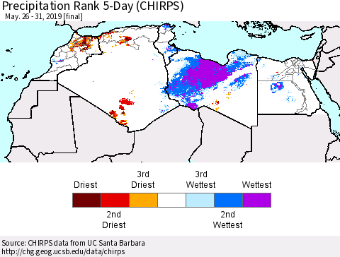 North Africa Precipitation Rank since 1981, 5-Day (CHIRPS) Thematic Map For 5/26/2019 - 5/31/2019