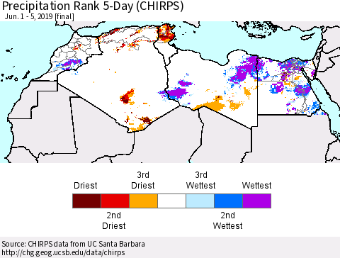 North Africa Precipitation Rank since 1981, 5-Day (CHIRPS) Thematic Map For 6/1/2019 - 6/5/2019