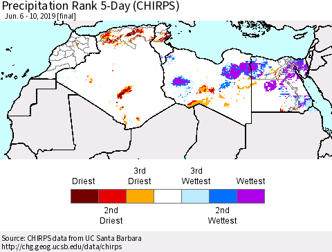 North Africa Precipitation Rank since 1981, 5-Day (CHIRPS) Thematic Map For 6/6/2019 - 6/10/2019
