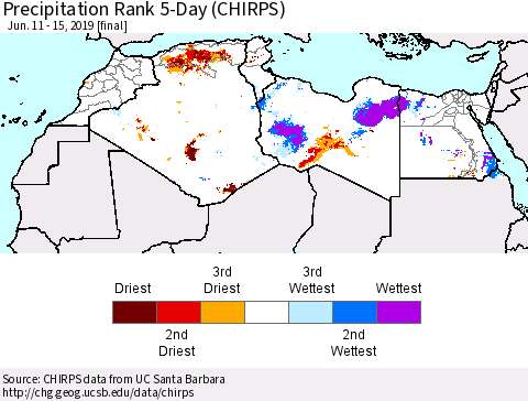 North Africa Precipitation Rank since 1981, 5-Day (CHIRPS) Thematic Map For 6/11/2019 - 6/15/2019
