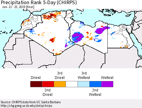 North Africa Precipitation Rank since 1981, 5-Day (CHIRPS) Thematic Map For 6/21/2019 - 6/25/2019