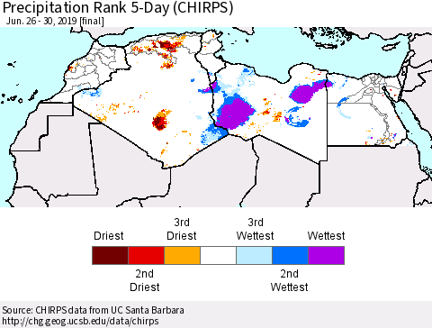 North Africa Precipitation Rank since 1981, 5-Day (CHIRPS) Thematic Map For 6/26/2019 - 6/30/2019