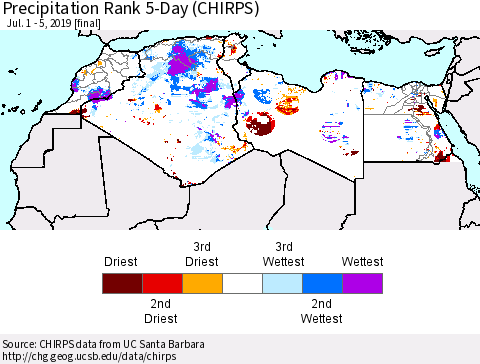 North Africa Precipitation Rank since 1981, 5-Day (CHIRPS) Thematic Map For 7/1/2019 - 7/5/2019