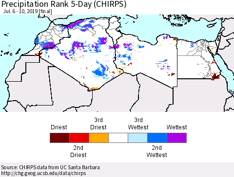 North Africa Precipitation Rank since 1981, 5-Day (CHIRPS) Thematic Map For 7/6/2019 - 7/10/2019