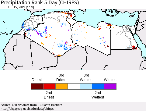 North Africa Precipitation Rank since 1981, 5-Day (CHIRPS) Thematic Map For 7/11/2019 - 7/15/2019