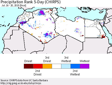 North Africa Precipitation Rank since 1981, 5-Day (CHIRPS) Thematic Map For 7/16/2019 - 7/20/2019