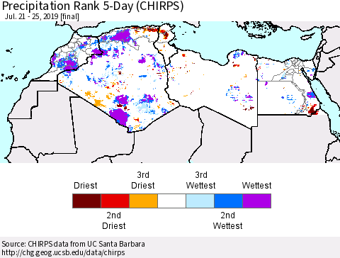 North Africa Precipitation Rank since 1981, 5-Day (CHIRPS) Thematic Map For 7/21/2019 - 7/25/2019