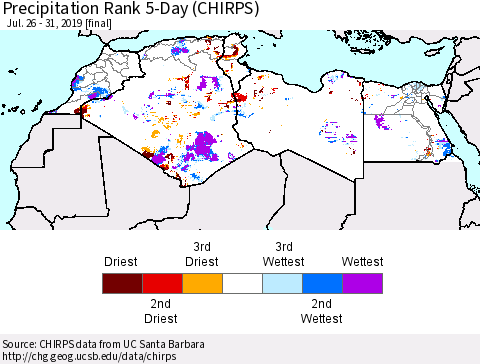 North Africa Precipitation Rank since 1981, 5-Day (CHIRPS) Thematic Map For 7/26/2019 - 7/31/2019