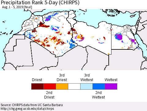 North Africa Precipitation Rank since 1981, 5-Day (CHIRPS) Thematic Map For 8/1/2019 - 8/5/2019