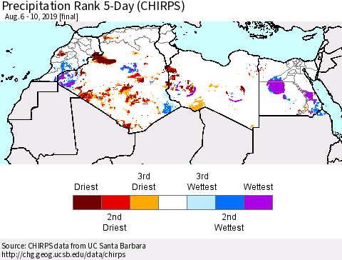 North Africa Precipitation Rank since 1981, 5-Day (CHIRPS) Thematic Map For 8/6/2019 - 8/10/2019